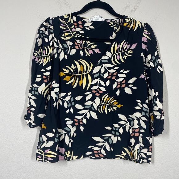 Ba&sh 1/Small Leaf Print Puff Sleeves Top Blouse Black Tan Pullover V Neck - Picture 2 of 9